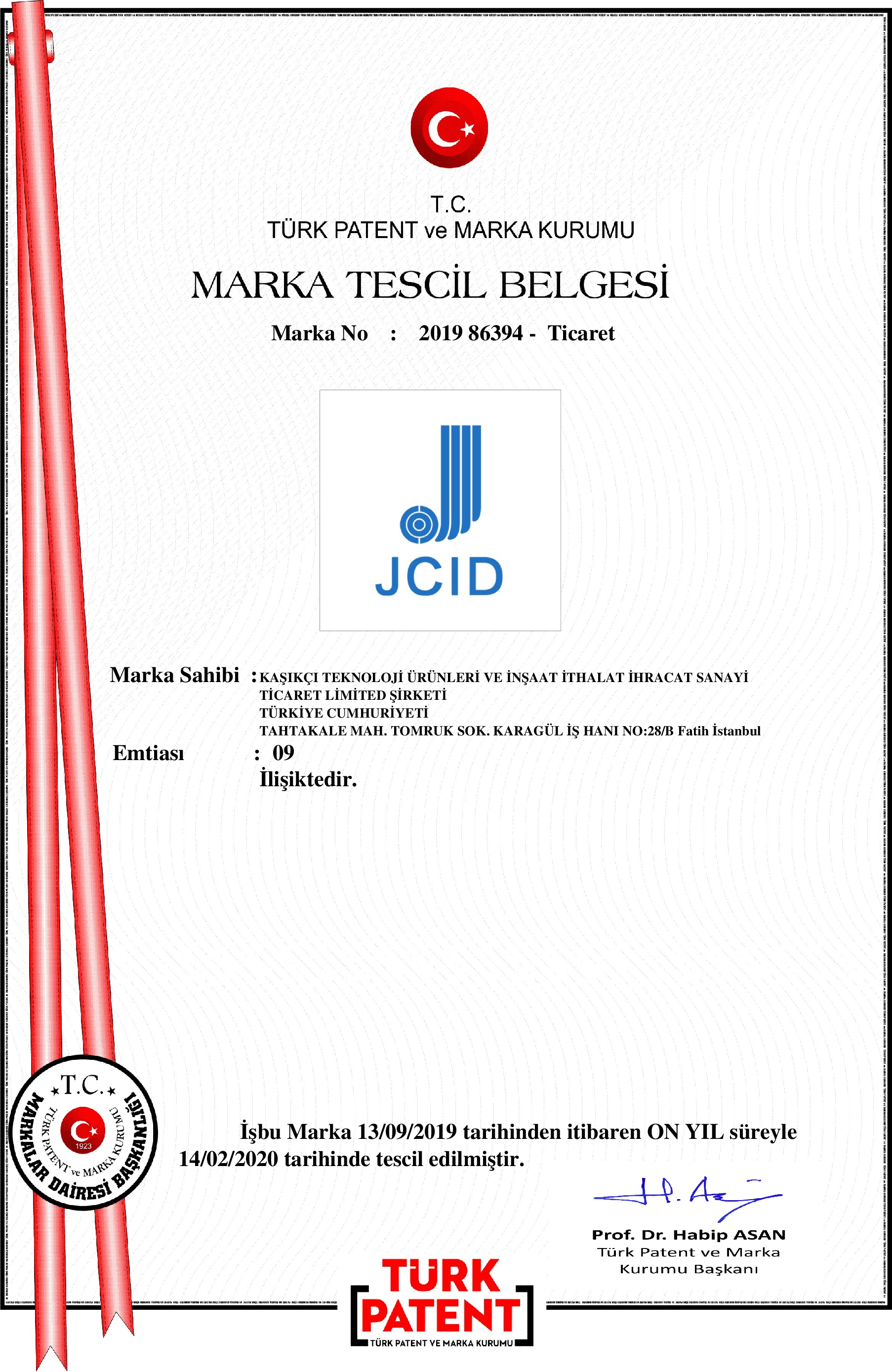 JCID MARKA TESCİL BELGESİ