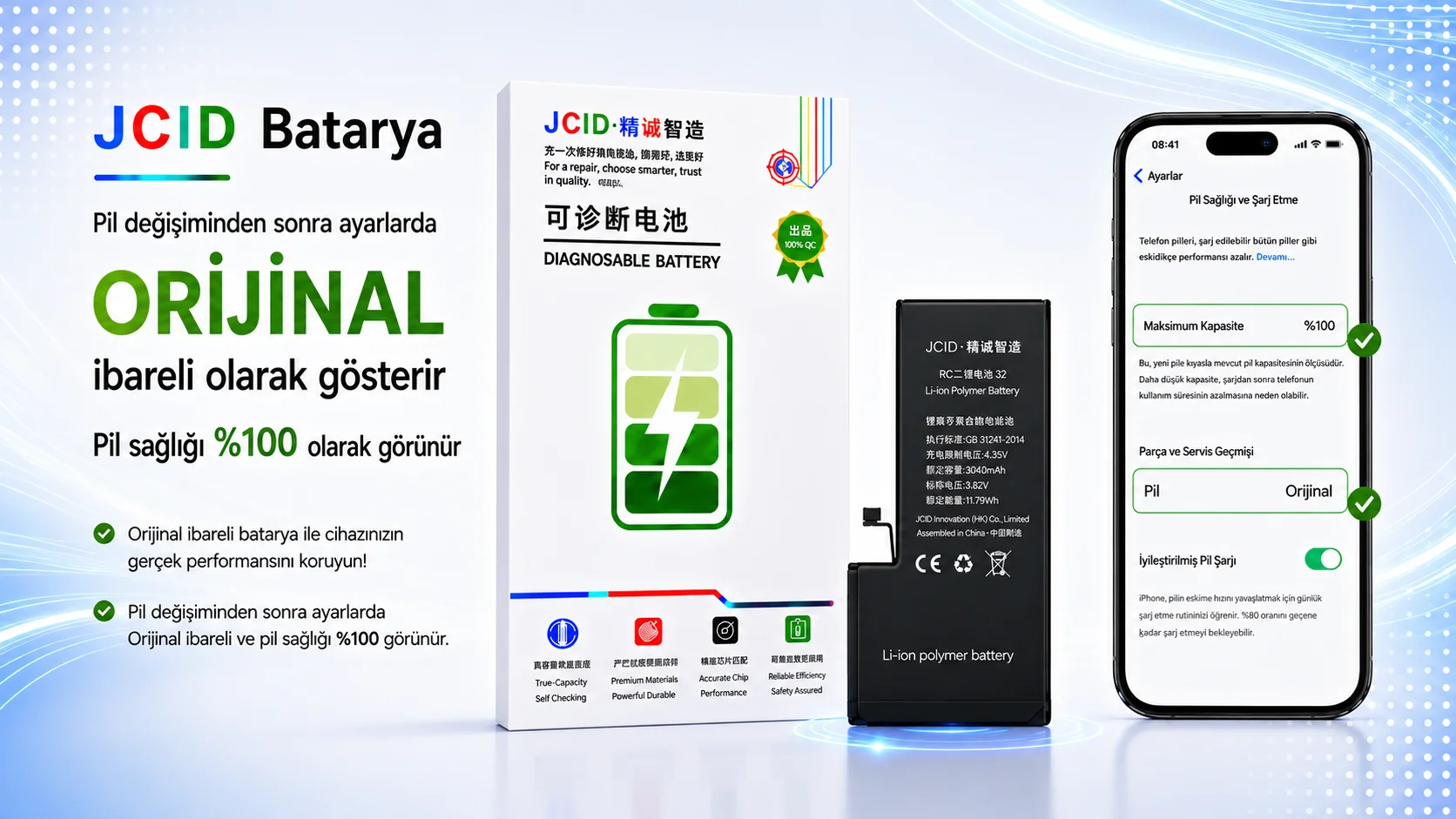 Ana sayfa kampanya slaytı — iPhone Batarya ve Apple Yedek Parça | JCID Türkiye